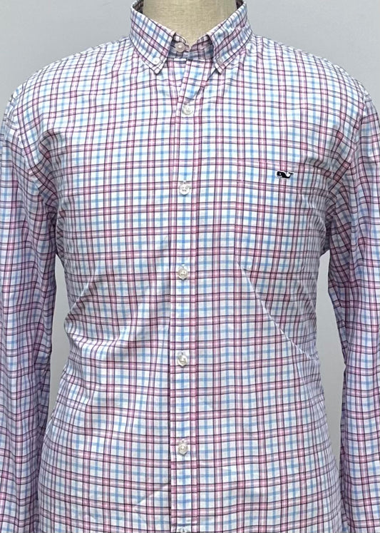 Camisa de botones Vineyard Vines 🐳 color blanco de cuadros en color rosado y celeste Talla L Entalle Slim Fit