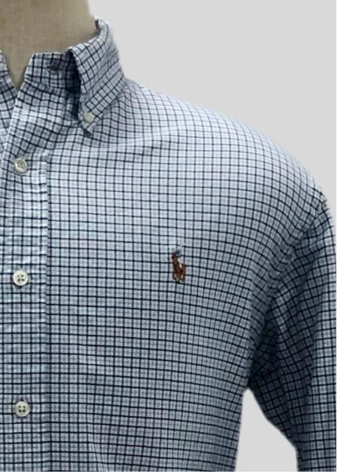 Camisa Polo Ralph Lauren 🏇🏼 color blanco patron de cuadros azul navy y celeste Talla L Entalle Custom Fit