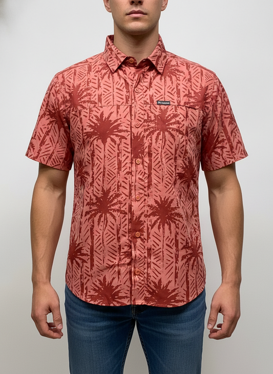 Camisa Columbia 🔹Color rosado magenta con diseño de palmeras Manga corta Talla S