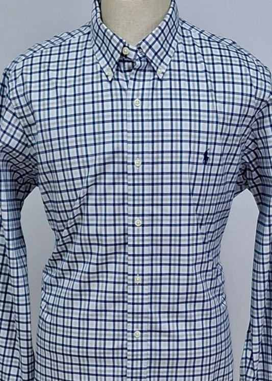 Camisa Polo Ralph Lauren 🏇🏼 color blanco con patrón de cuadros azul y gris Talla XL Entalle Clásico