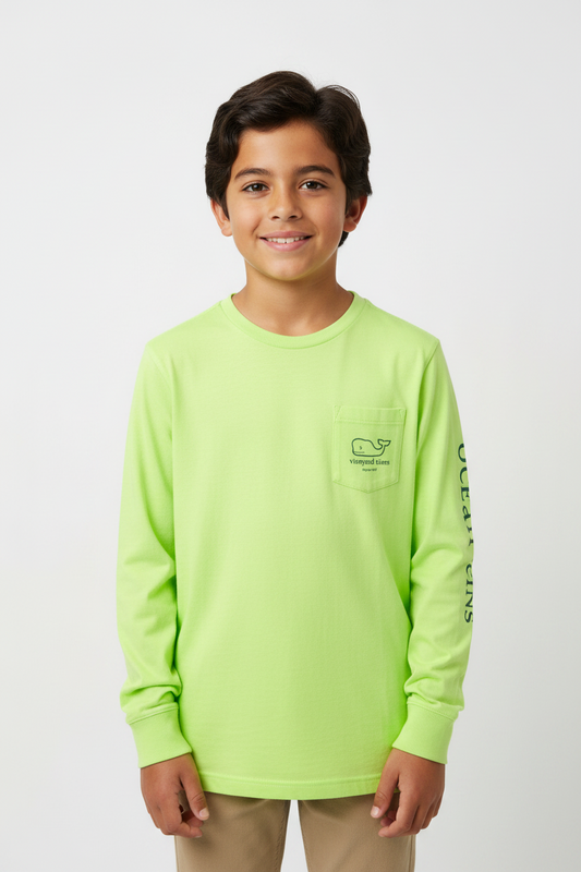 Camiseta de niño marca Vineyard Vines 🐳 color verde neón con Diseño de Ballena Talla M
