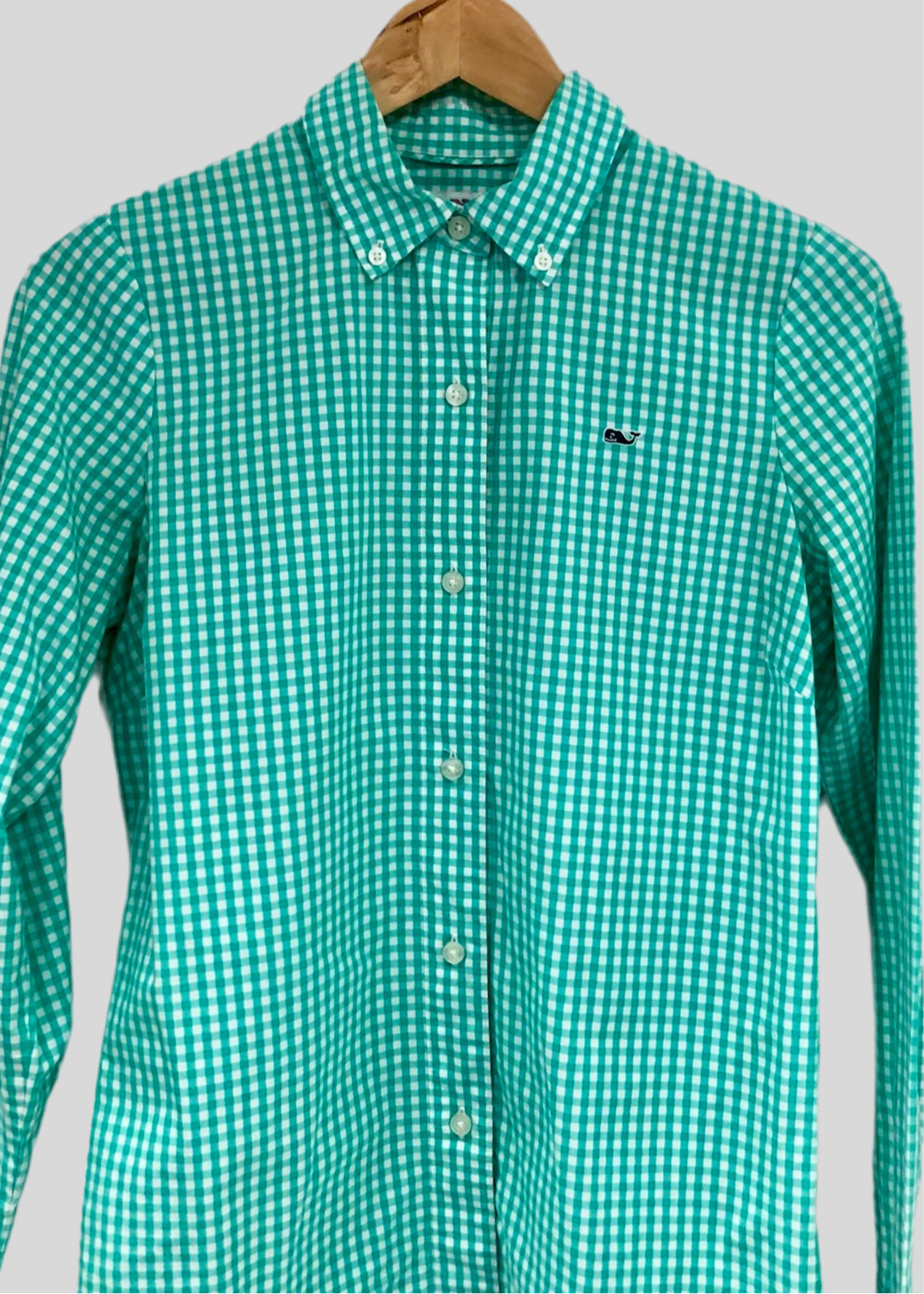 Camisa de mujer Vineyard Vines 🐳 con patrón de cuadros en turquesa y blanco Talla XS (2) Entalle Regular