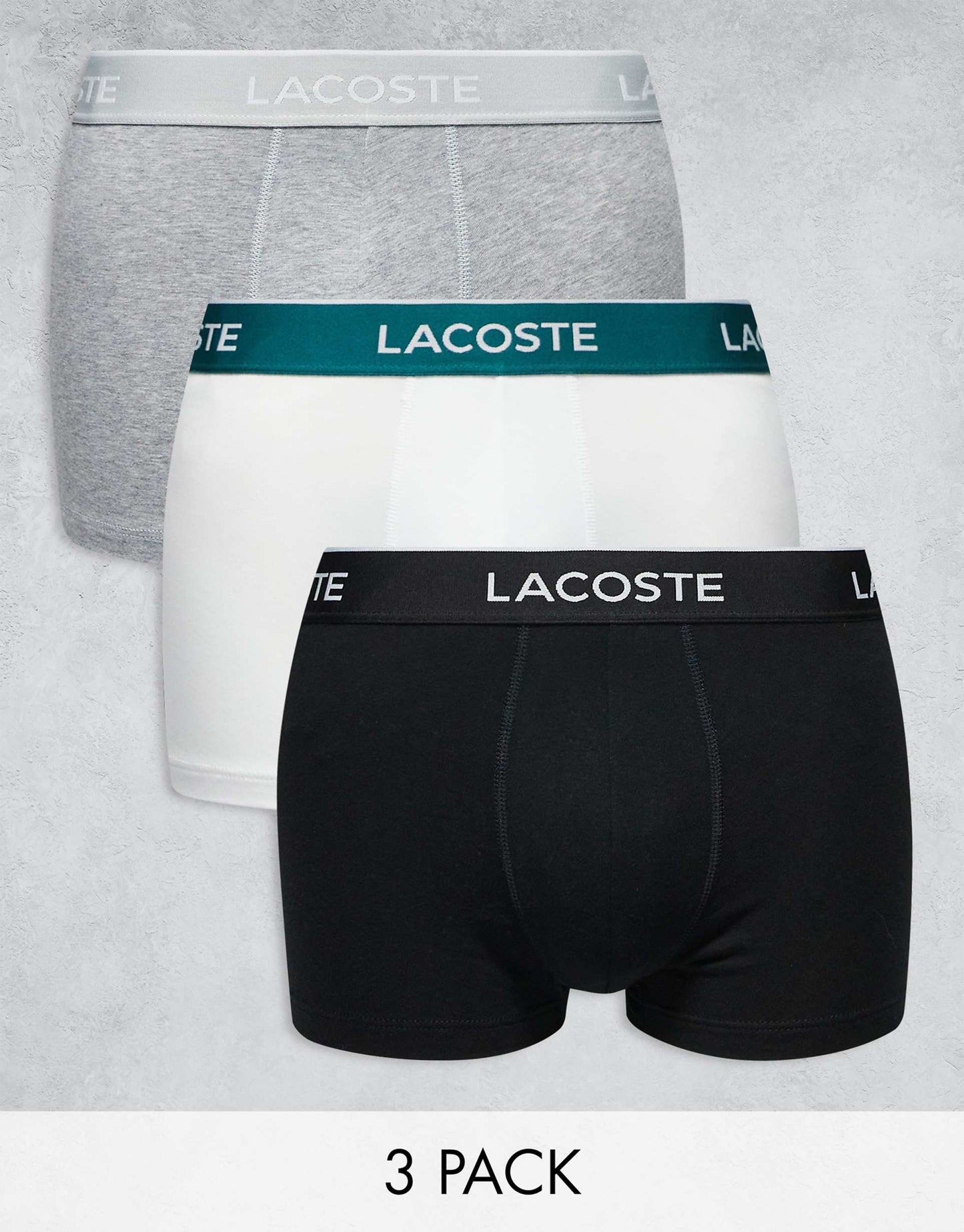 Paquete de 3 Boxer Briefs Lacoste 🐊 Tela algodón stretch color blanco, gris y negro Talla M
