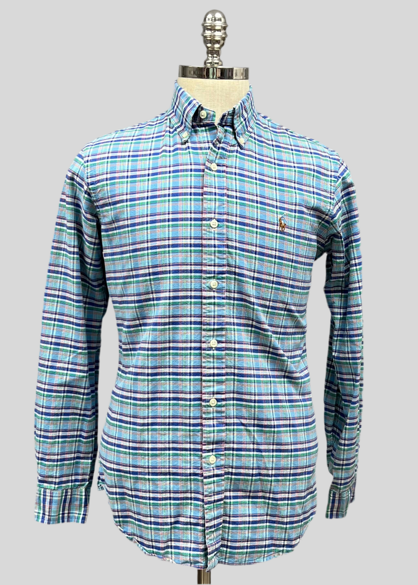 Camisa Polo Ralph Lauren 🏇🏼 Oxford de cuadros tartán en color celeste, azul y verde Talla L Entalle Regular