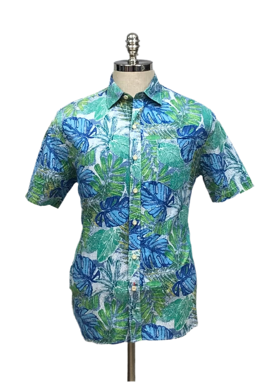 Camisa de botones Tommy Bahama 🌴 color blanco con diseño de hojas en azul y verde Talla S Entalle Regular