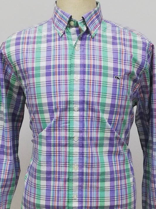 Camisa de botones Vineyard Vines 🐳 de cuadros en color morado, verde y blanco Talla L Entalle Slim Fit (ver descripción)