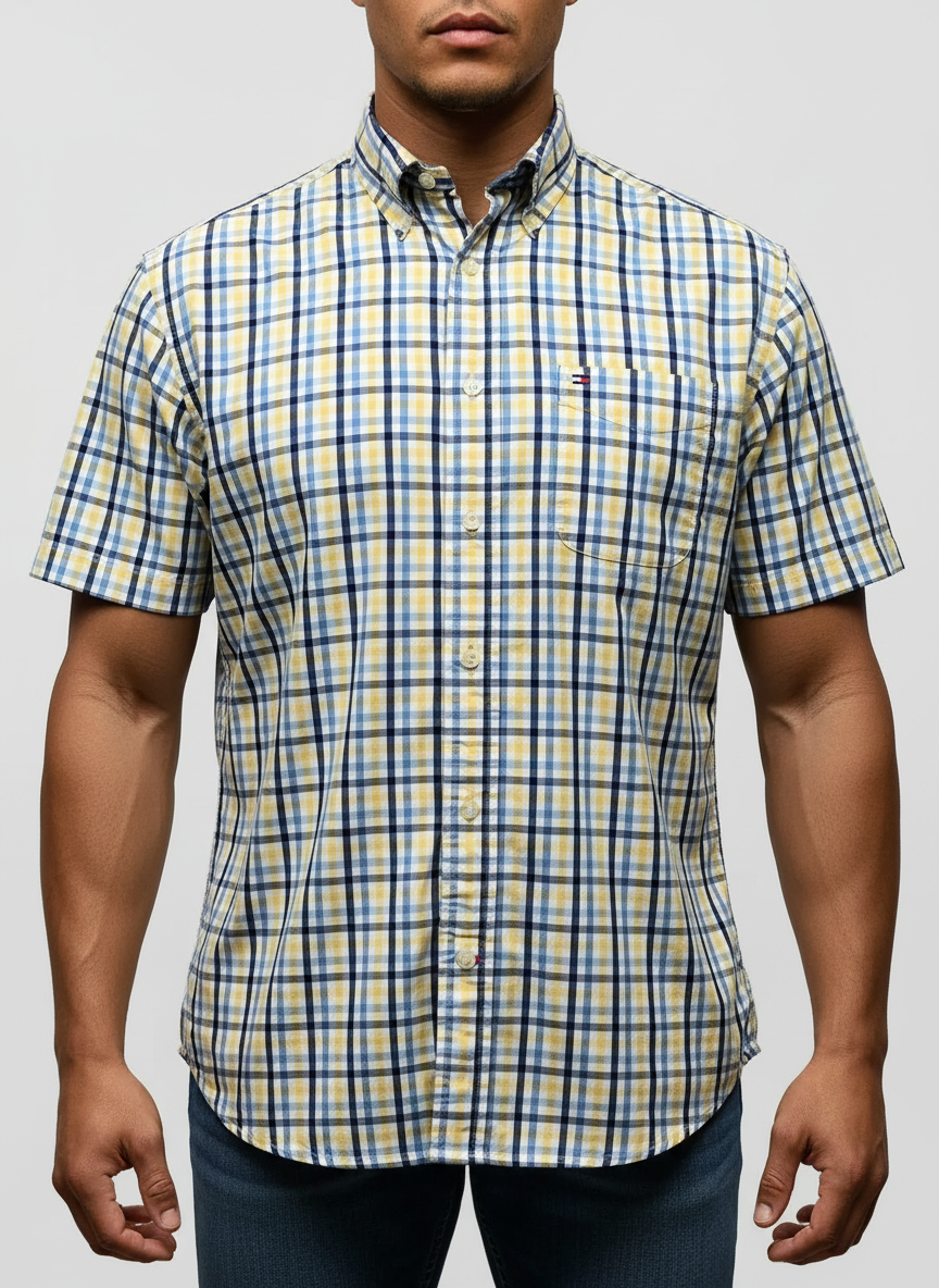 Camisa Tommy Hilfiger 🇺🇸 color blanco con patrón de cuadros en azul y amarillo Talla M Entalle Regular