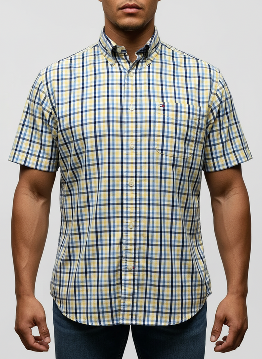 Camisa Tommy Hilfiger 🇺🇸 color blanco con patrón de cuadros en azul y amarillo Talla M Entalle Regular