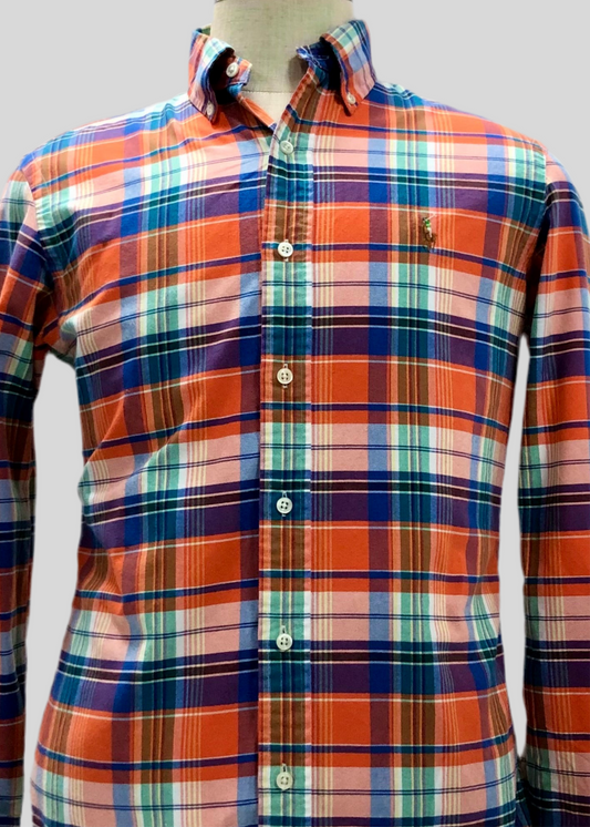 Camisa Polo Ralph Lauren 🏇🏼 Oxford con patrón de cuadros naranja, azul y blanco Talla S Entalle Regular