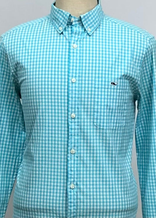 Camisa Vineyard Vines 🐳 con patron de cuadros gingham turquesa y blanco Talla M Entalle Clásico