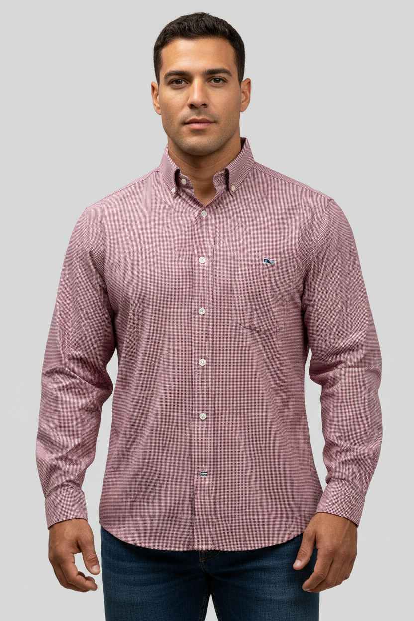 Camisa de botones Vineyard Vines 🐳 de cuadros finos en color rojo y blanco Talla M Entalle Clasico
