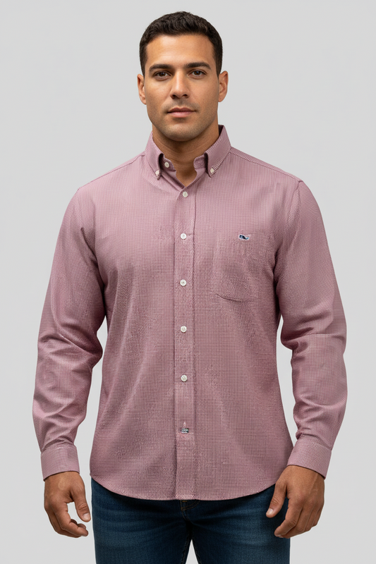 Camisa de botones Vineyard Vines 🐳 de cuadros finos en color rojo y blanco Talla M Entalle Clasico