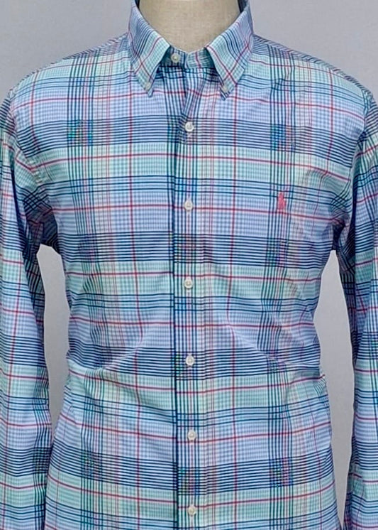 Camisa Polo Ralph Lauren 🏇🏼 con patrón de cuadros celeste, azul, rojo y verde Talla L Entalle Clásico