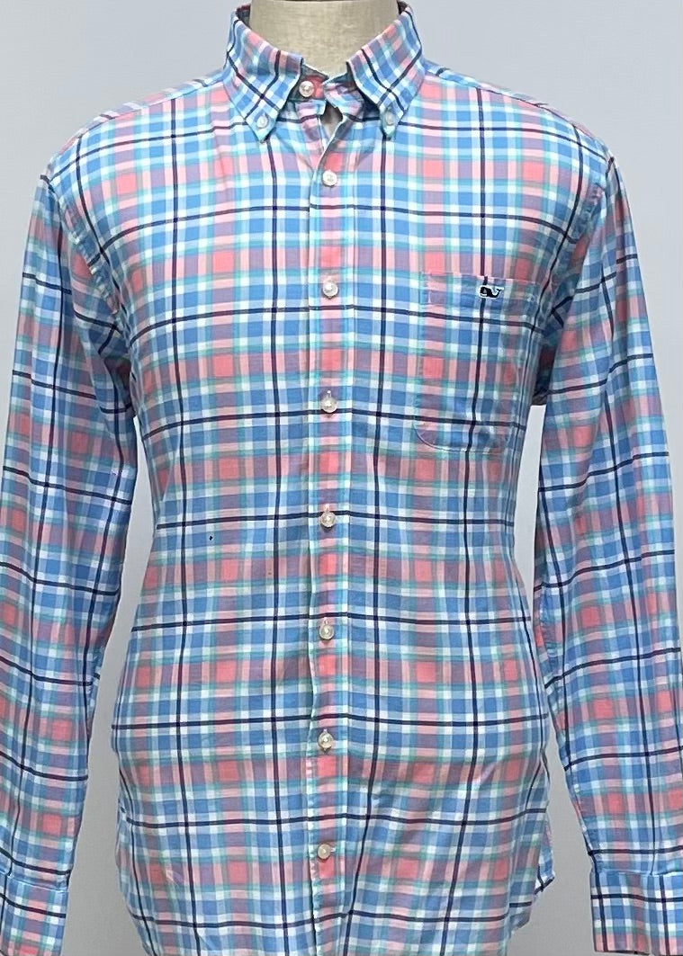 Camisa de botones Vineyard Vines 🐳 color azul de cuadros tartán en color celeste, blanco y rosado Talla L Entalle Slim Fit