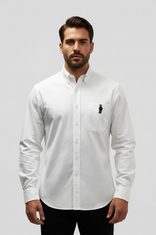 Camisa de botones Polo Ralph Lauren 🏇🏼 Oxford color blanco con diseño Polo Bear Talla L Entalle Regular