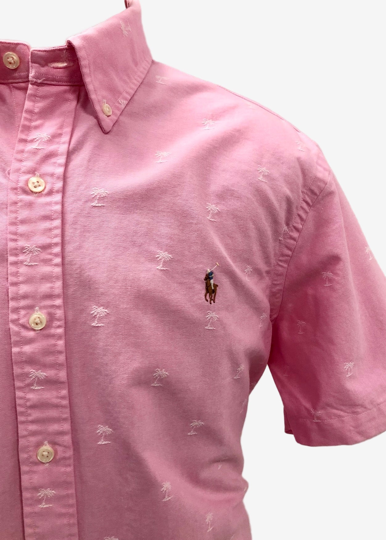Camisa de botones Polo Ralph Lauren 🏇🏼 Oxford color rosado con diseño de palmeras  en blanco Talla L Entalle Clásico