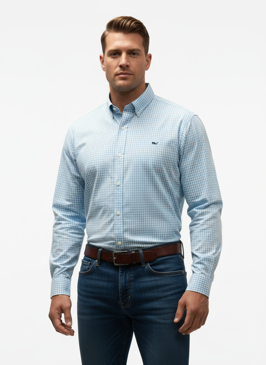 Camisa de botones Vineyard Vines 🐳 de cuadros gingham en color celeste y blanco Talla XL Entalle Clásico