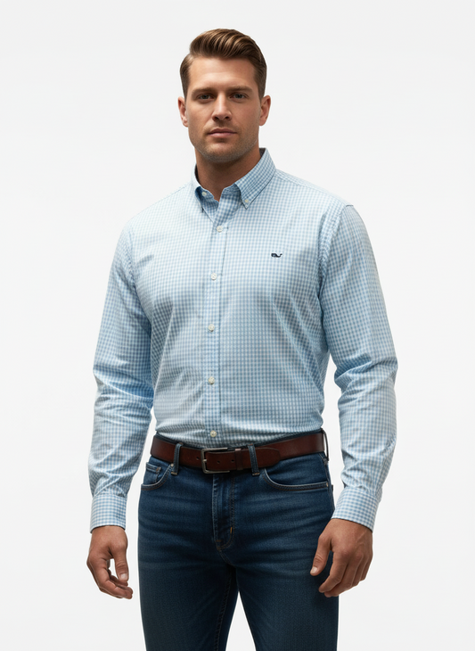 Camisa de botones Vineyard Vines 🐳 de cuadros gingham en color celeste y blanco Talla XL Entalle Clásico