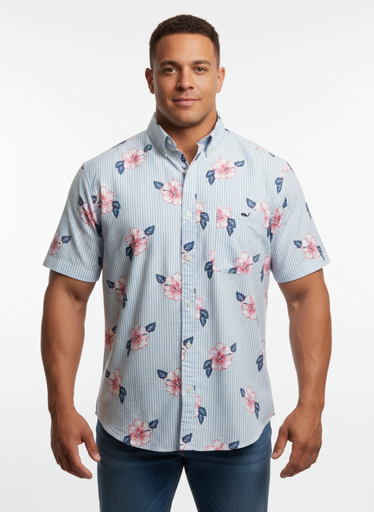 Camisa de botones Vineyard Vines 🐳 de rayas color celeste y blanco con diseño floral en color rosado Talla XL Entalle Clásico