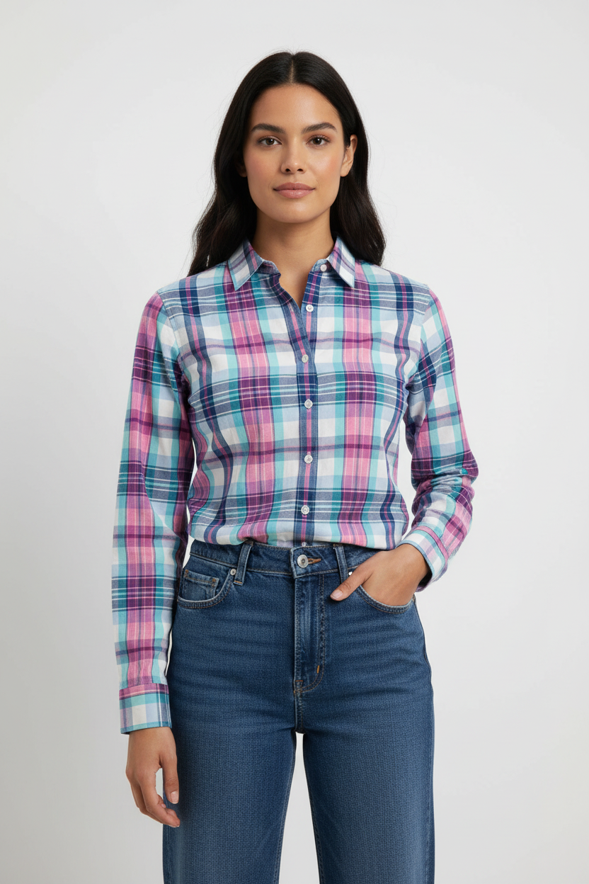 Camisa de mujer Brooks Brothers 🐑 de cuadros en color rosado, azul y blanco Talla M Entalle Regular