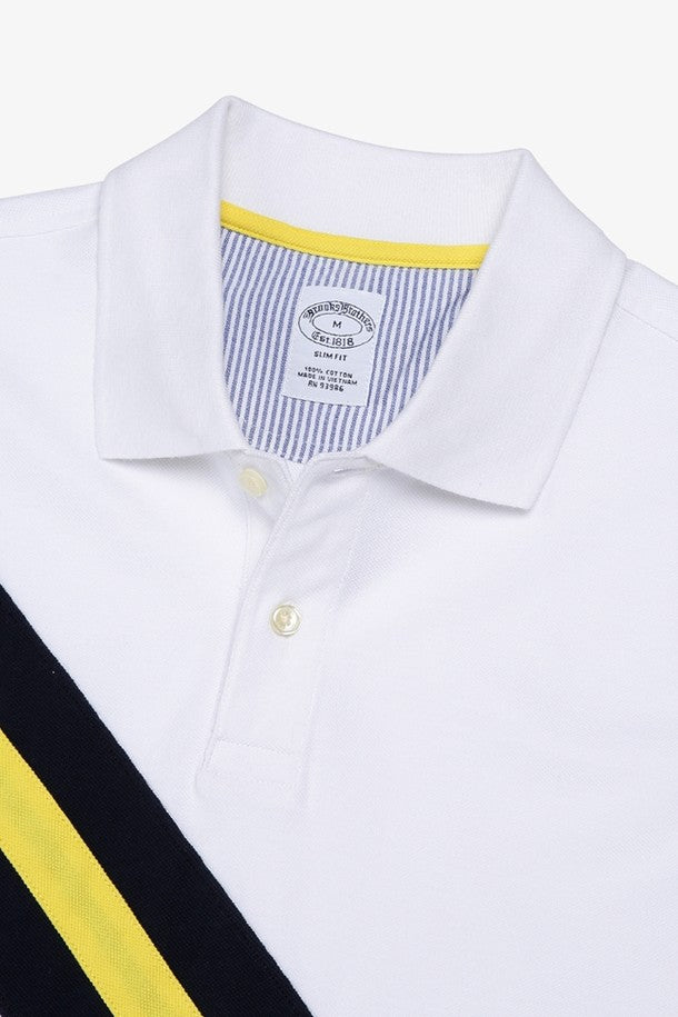 Camiseta Polo Brooks Brothers 🐑 color blanco con franjas en azul y amarillo Talla M Entalle Slim Fit