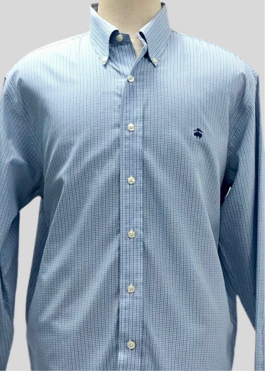 Camisa Brooks Brothers 🐑 color blanco con cuadros en celeste y azul navy Talla XL Entalle Regular