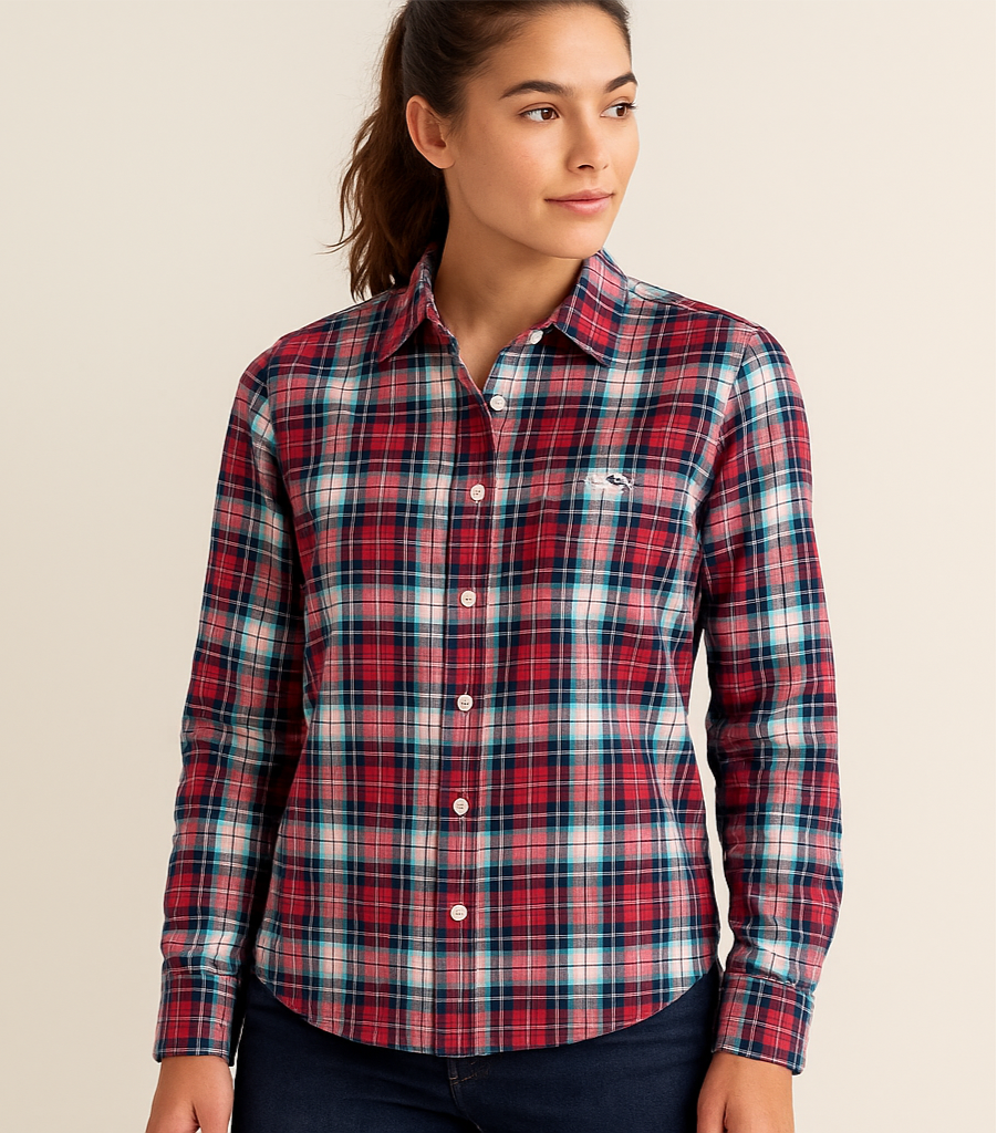 Camisa de mujer Vineyard Vines 🐳 con patrón de cuadros tartán en rojo, azul y blanco Talla S (4) Entalle Regular