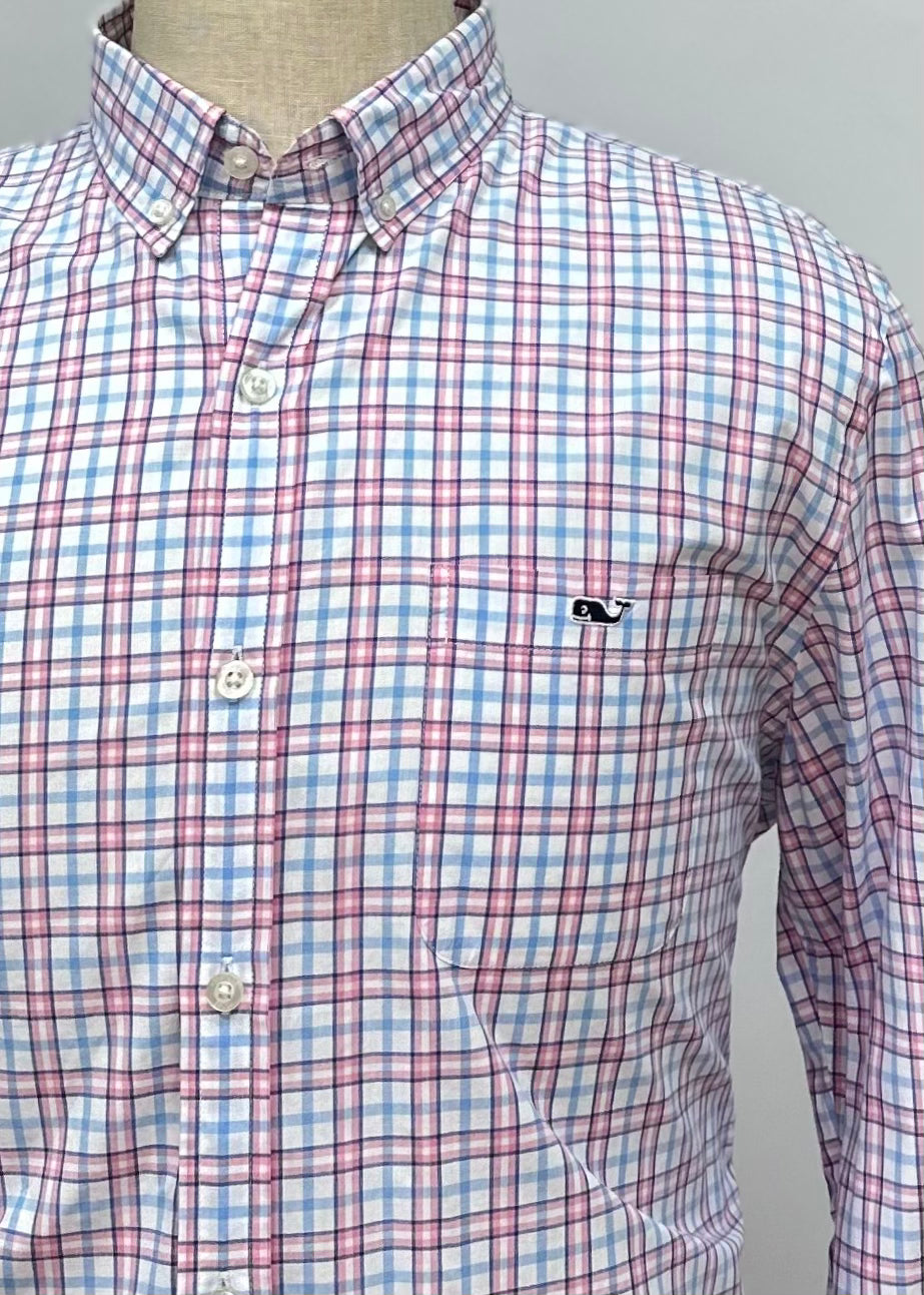 Camisa de botones Vineyard Vines 🐳 color blanco de cuadros en color rosado y celeste Talla L Entalle Slim Fit