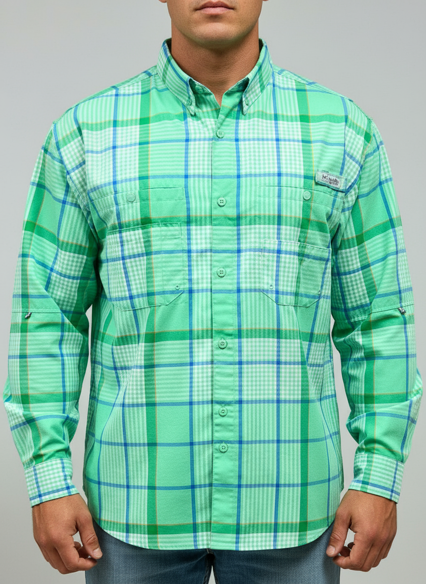 Camisa Columbia 🔹 Con patrón de cuadros en color verde, azul y blanco Talla XL