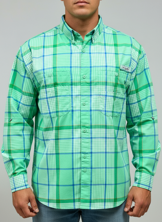 Camisa Columbia 🔹 Con patrón de cuadros en color verde, azul y blanco Talla XL