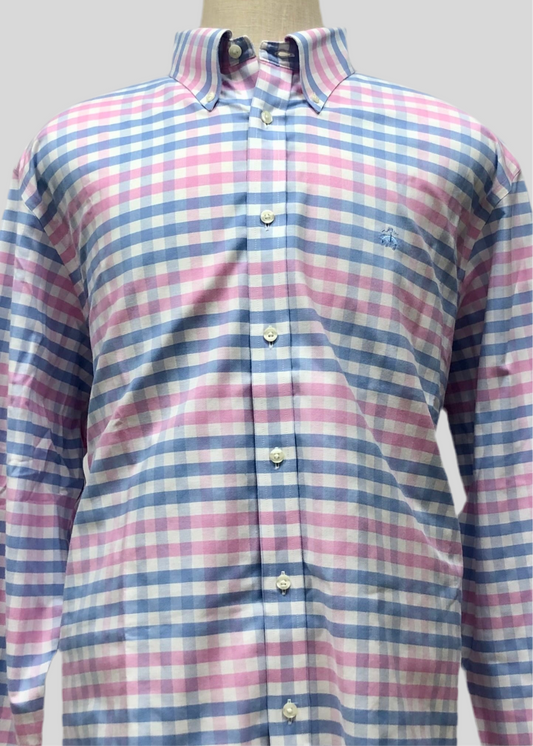 Camisa Brooks Brothers 🐑 color blanco con cuadros tartán en rosado y celeste Talla XXL Entalle Regular