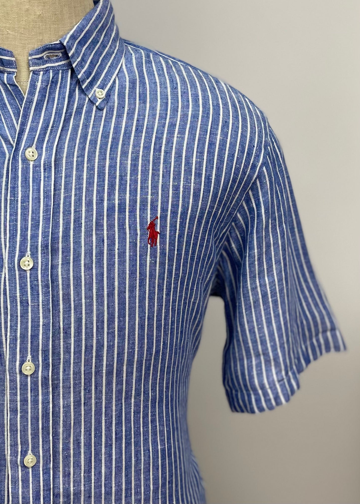 Camisa Polo Ralph Lauren 🏇🏼 de Lino con patron de rayas en color azul y blanco Talla L Entalle Clásico