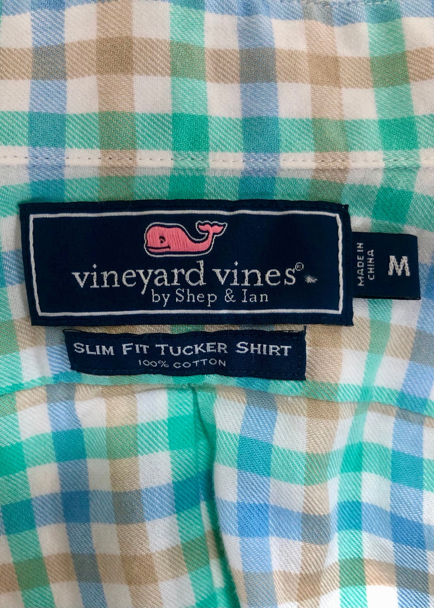 Camisa de botones Vineyard Vines 🐳 color blanco de cuadros en turquesa, kaki y azul Talla M Entalle Slim Fit