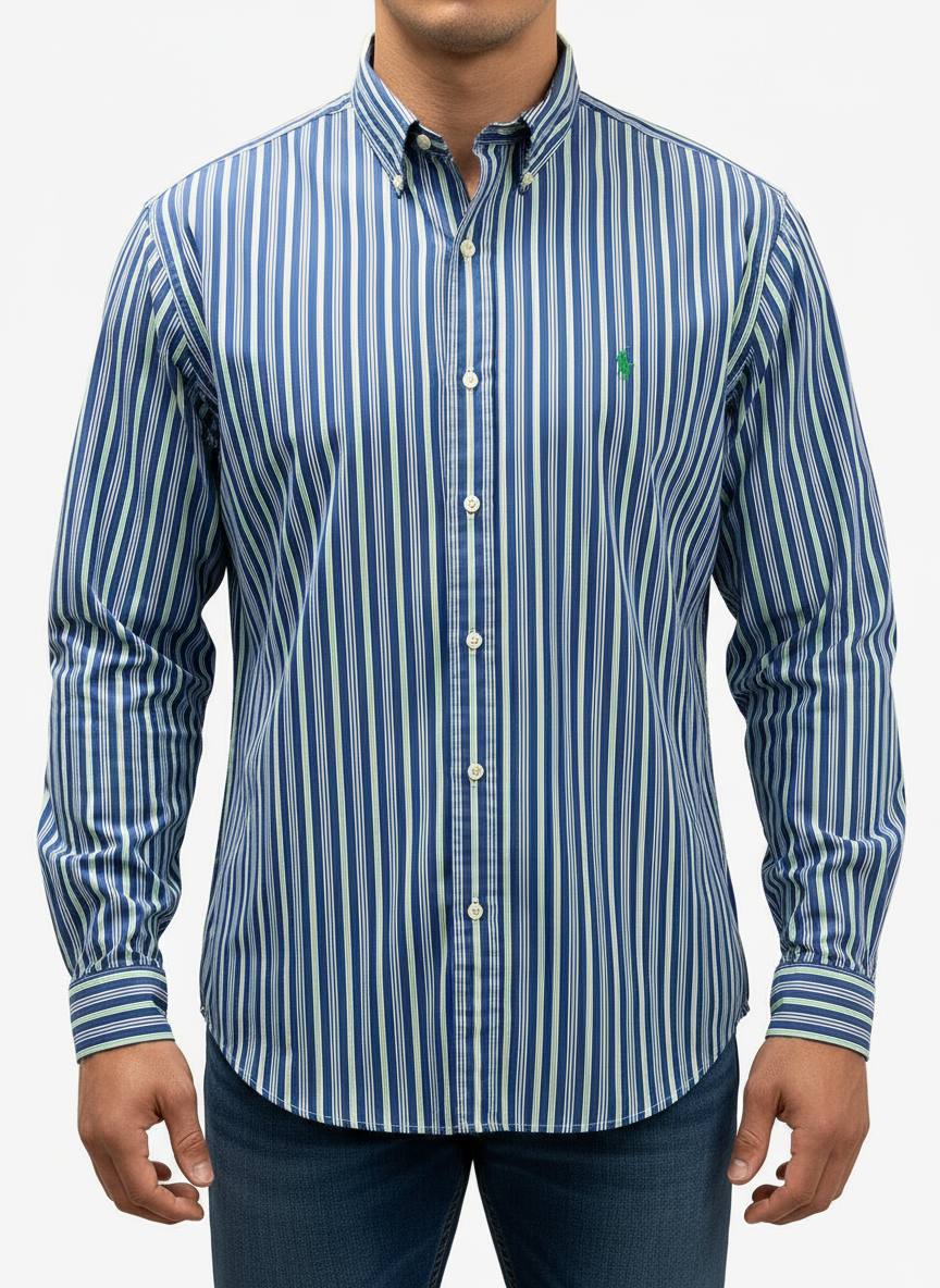 Camisa de botones Polo Ralph Lauren 🏇🏼 con patron de rayas en color azul, verde y blanco Talla L Entalle Regular