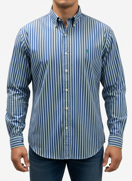 Camisa de botones Polo Ralph Lauren 🏇🏼 con patron de rayas en color azul, verde y blanco Talla L Entalle Regular