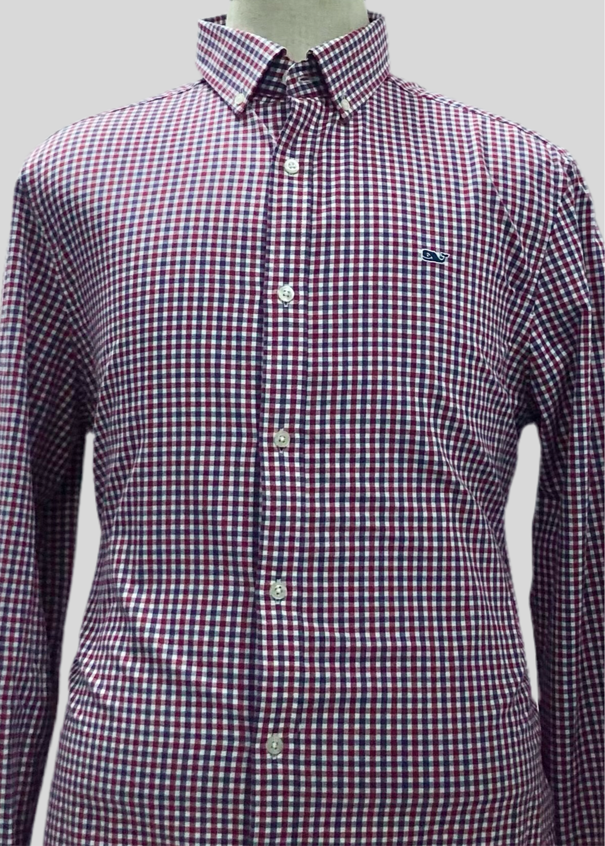 Camisa de botones Vineyard Vines 🐳 Performance con patrón de cuadros gingham en color morado, rojo y blanco Talla L Entalle Clásico