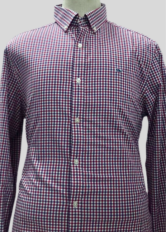 Camisa de botones Vineyard Vines 🐳 Performance con patrón de cuadros gingham en color morado, rojo y blanco Talla L Entalle Clásico