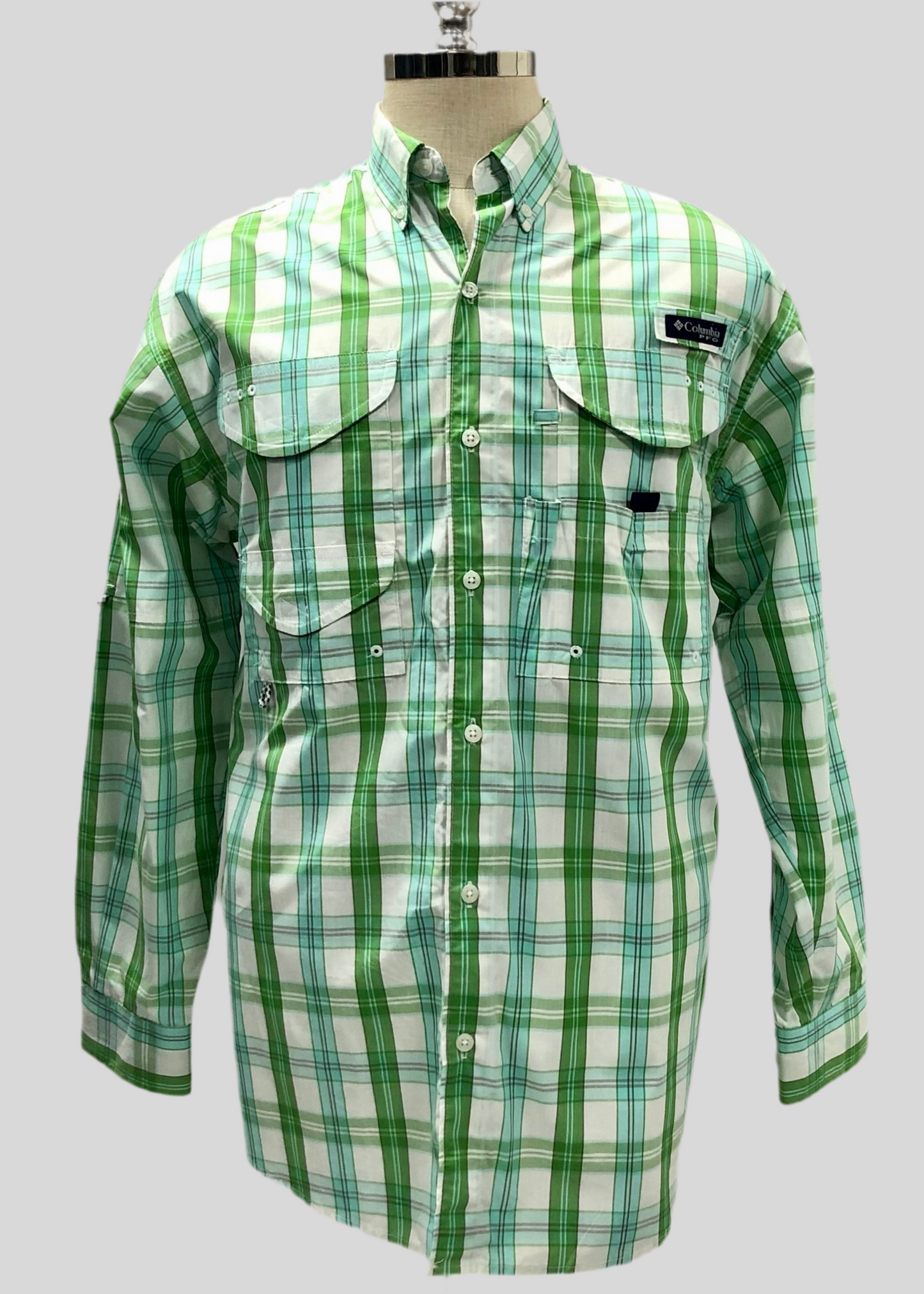 Camisa Columbia 🔹 Modelo Super Bonehead con patrón de cuadros en celeste, verde y blanco Manga larga Talla S