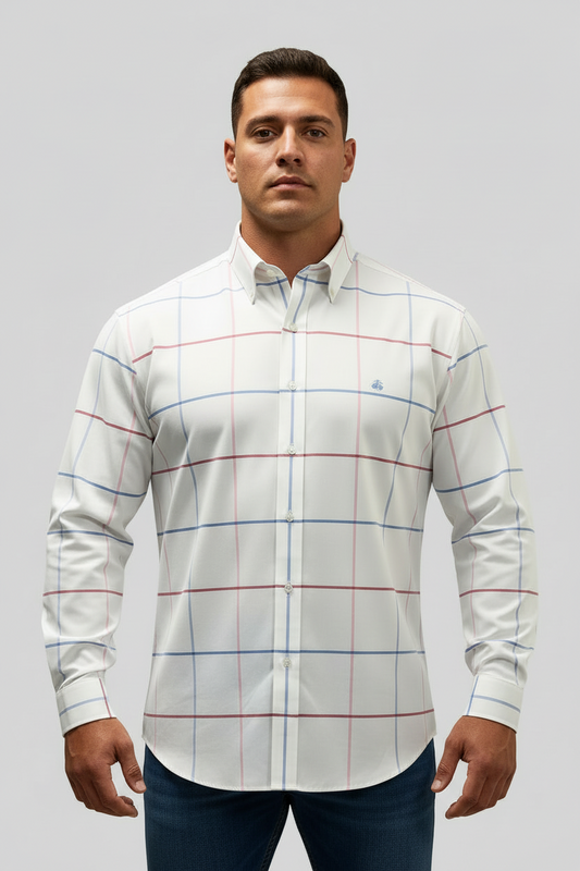 Camisa Brooks Brothers 🐑 color blanco con cuadros tartán en rojo, rosado y celeste Talla XXL Entalle Regular