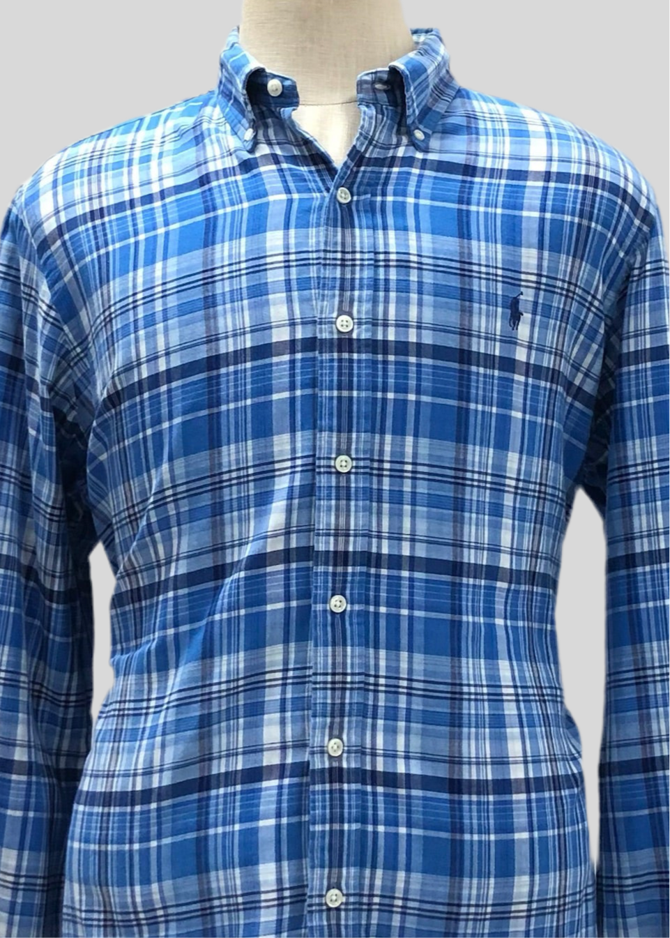 Camisa Polo Ralph Lauren 🏇🏼 con patron de cuadros tartán azul, celeste y blanco Talla XL Entalle Regular