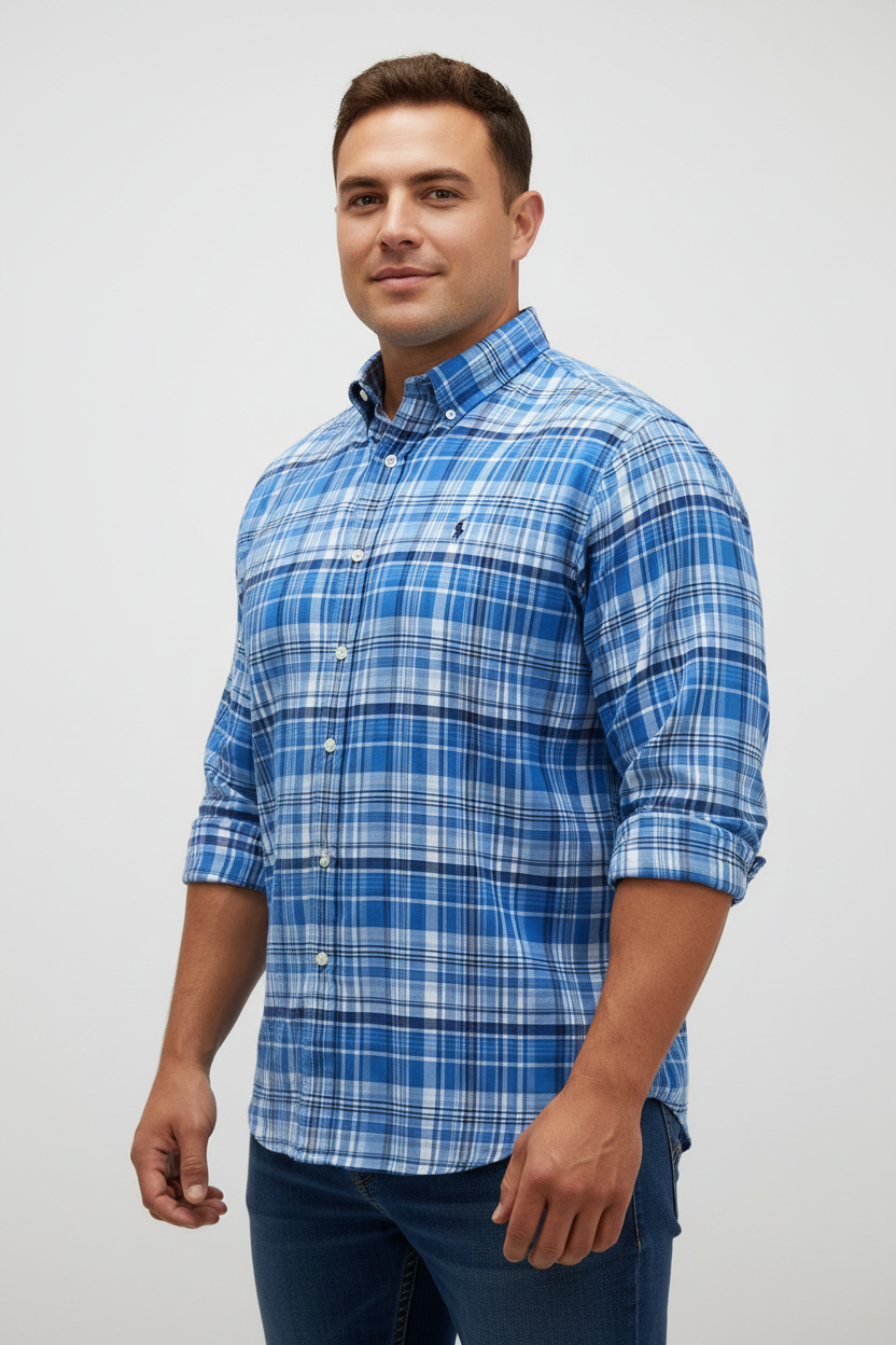 Camisa Polo Ralph Lauren 🏇🏼 con patron de cuadros tartán azul, celeste y blanco Talla XL Entalle Regular