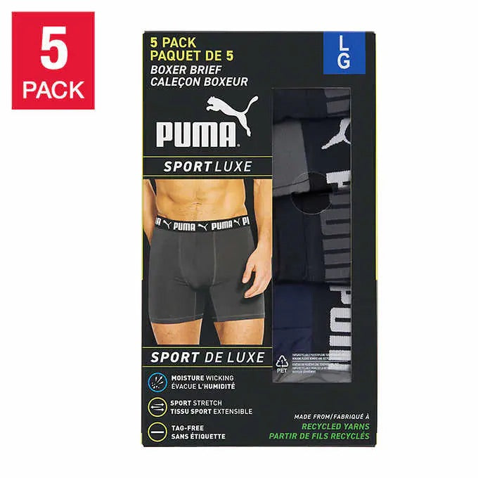 Paquete de 5 Boxers Briefs Puma 🐆 Tela Performance color Negro, azul y gris Talla L