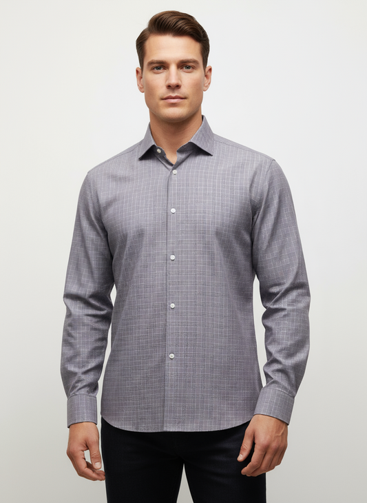 Camisa de botones Hugo Boss 🇩🇪 color morado con patrón de cuadros en color blanco Talla L Entalle Slim Fit