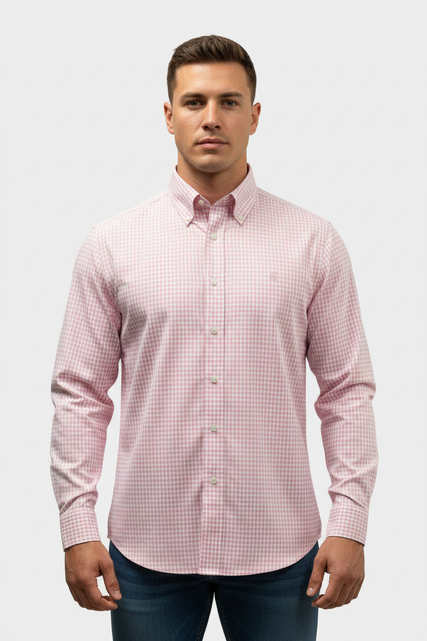 Camisa de botones Brooks Brothers 🐑 de cuadros gingham en color rosado claro y blanco Talla L Entalle Regular