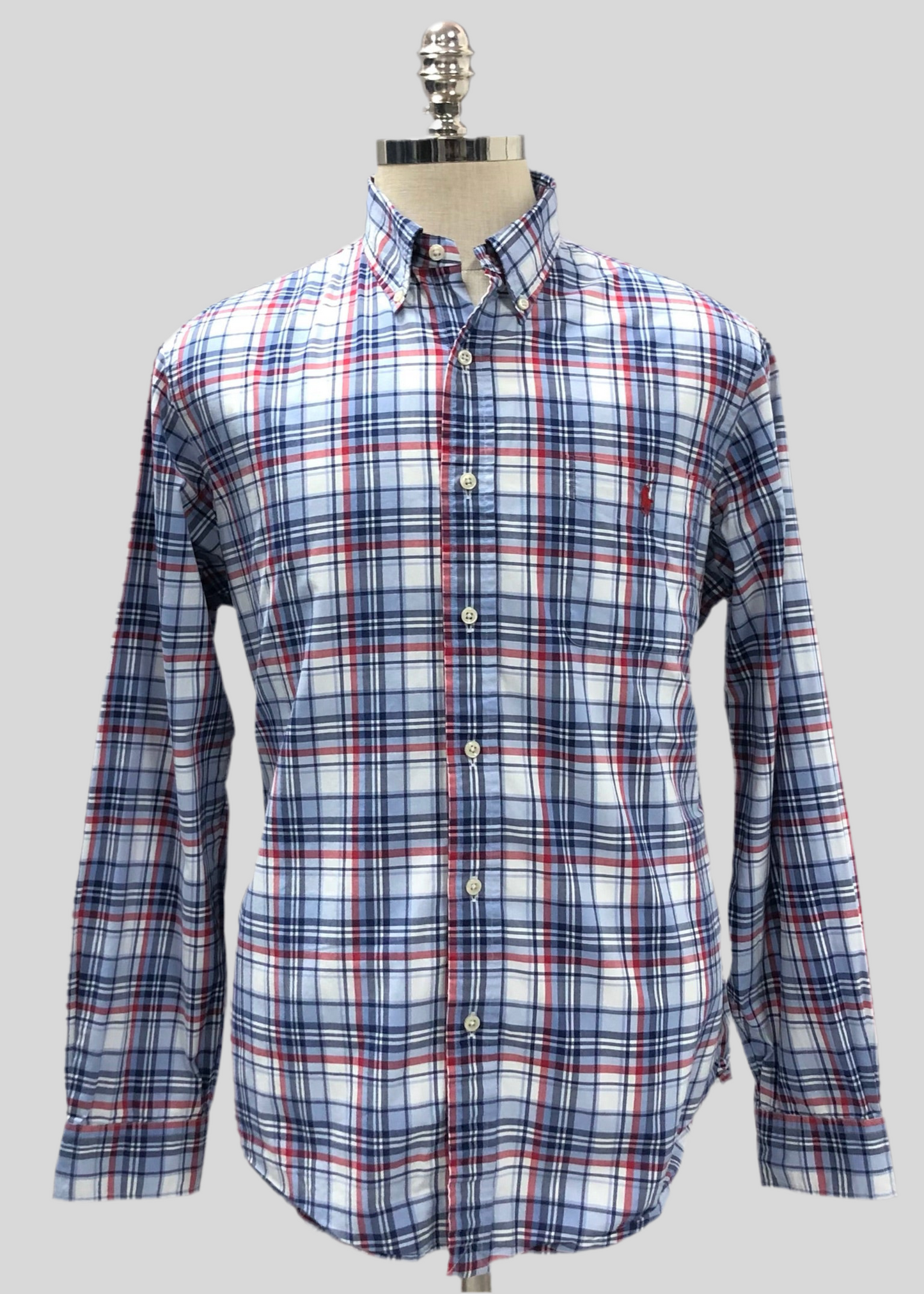 Camisa de botones Polo Ralph Lauren 🏇🏼 color blanco con patron de cuadros rojo y azul Talla L Entalle Regular