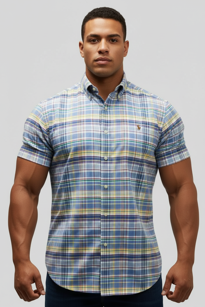 Camisa Polo Ralph Lauren 🏇🏼 de cuadros tartan en color azul, celeste y amarillo Talla XL Entalle Regular