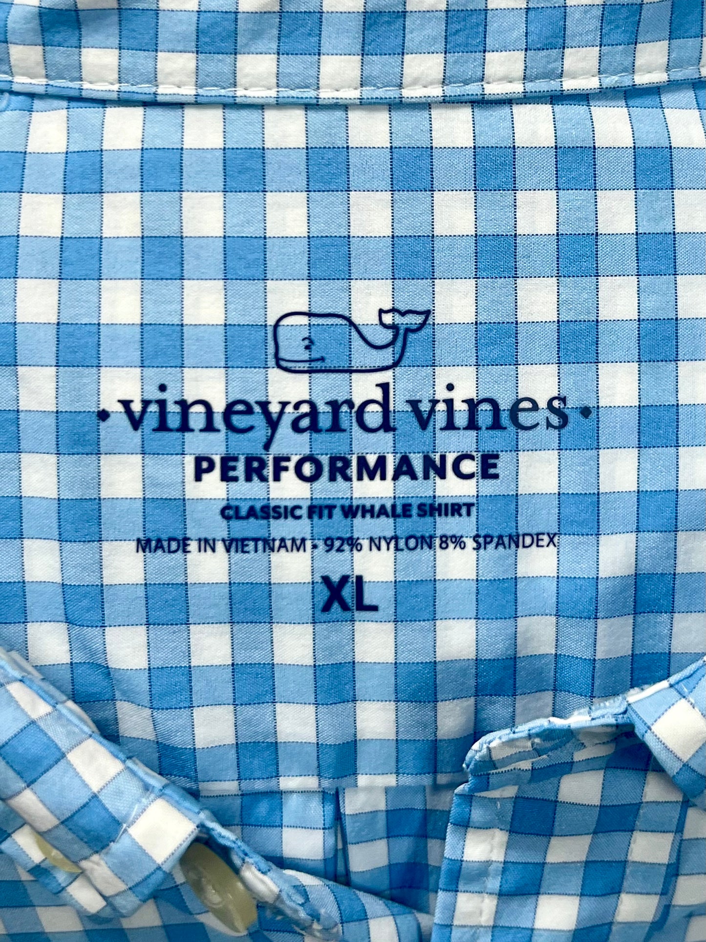 Camisa Vineyard Vines 🐳 Performance de cuadros gingham en color celeste y blanco Talla XL Entalle Clásico