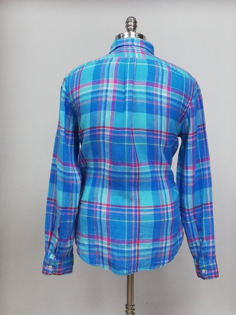 Camisa de botones Vineyard Vines 🐳 De Lino color turquesa con patrón de cuadros en azul y rosado Talla L Entalle Slim Fit