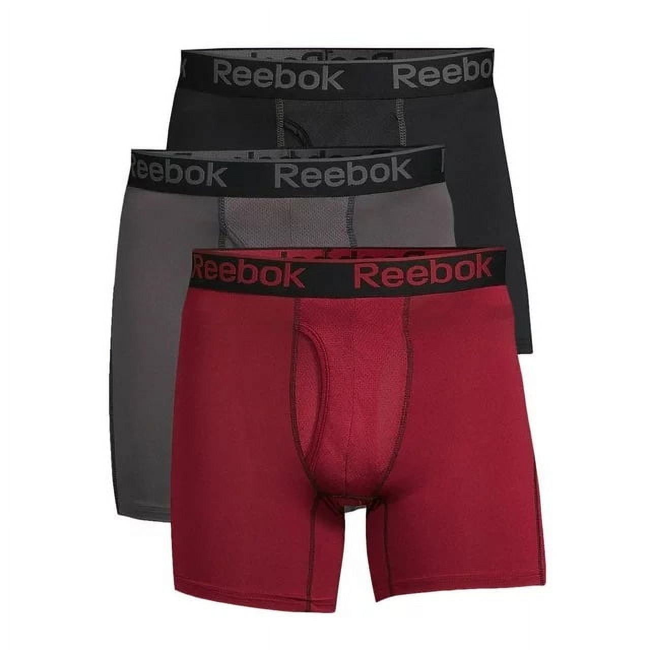 Combo de 3 Boxers Briefs Reebok Tela Performance en color negro, gris y rojo oscuro Largo Regular Talla M y L