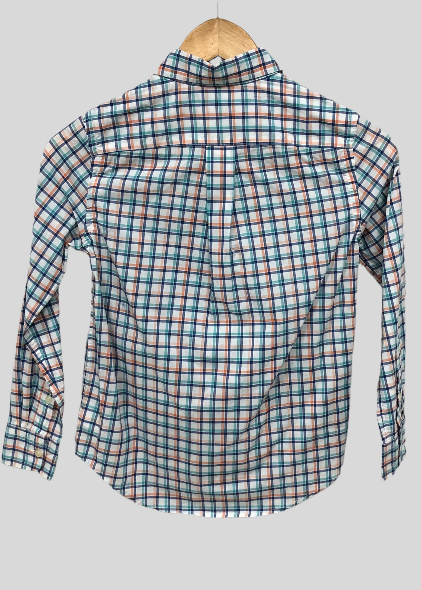 Camisa Polo Ralph Lauren 🏇🏼 color blanco con patron de cuadros en azul, naranja y verde Talla S (8) de niño Entalle Regular